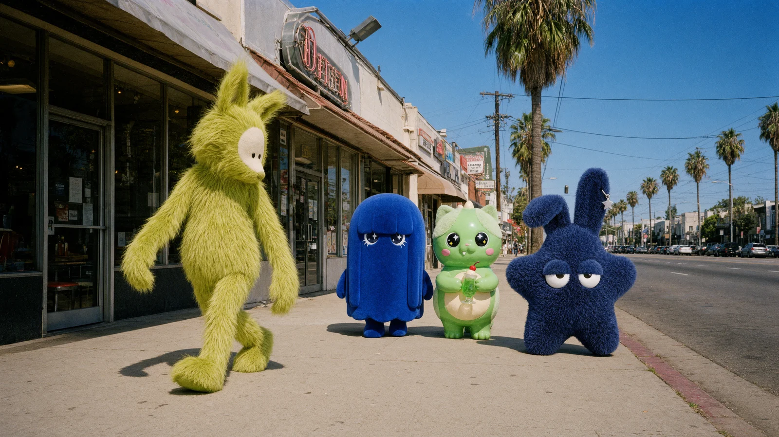 Four consistent plush characters on a Los Angeles boulevard