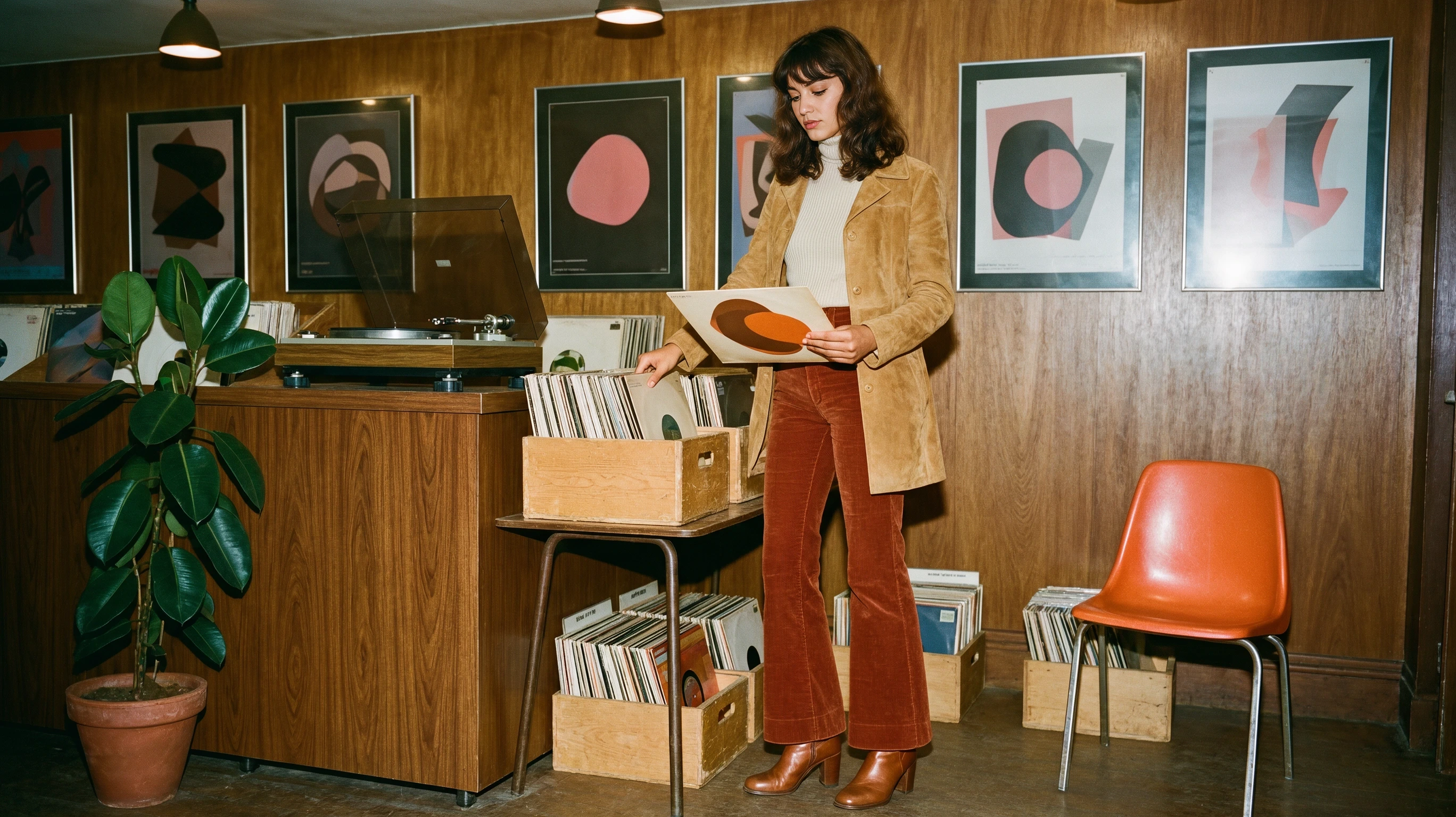 A record store scene illustrating precise object and clothing edits