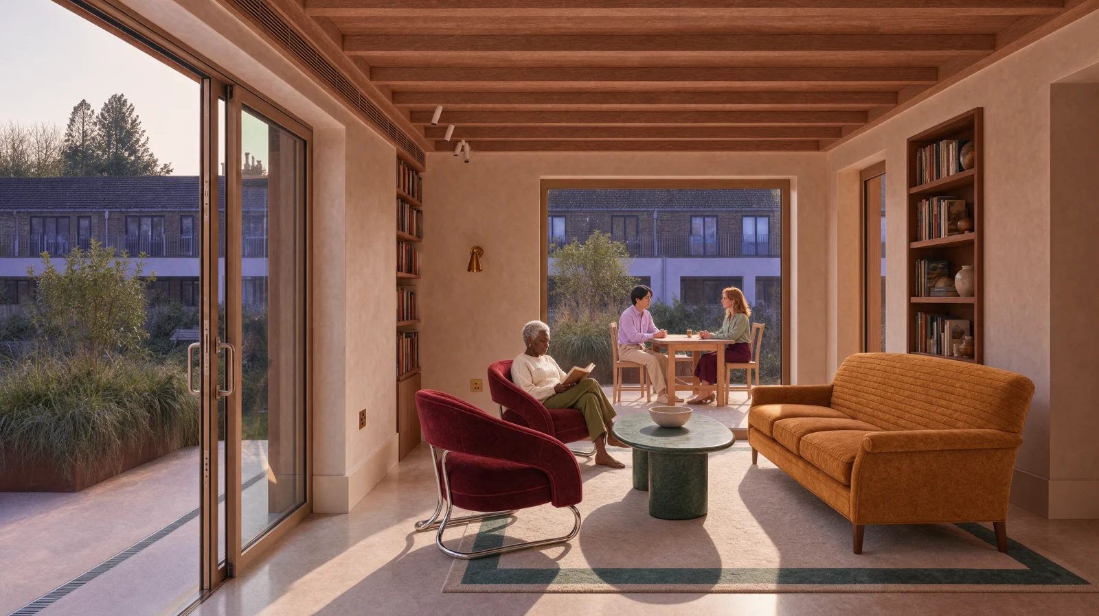 Living room with a saffron sofa, oxblood chairs and green marble table
