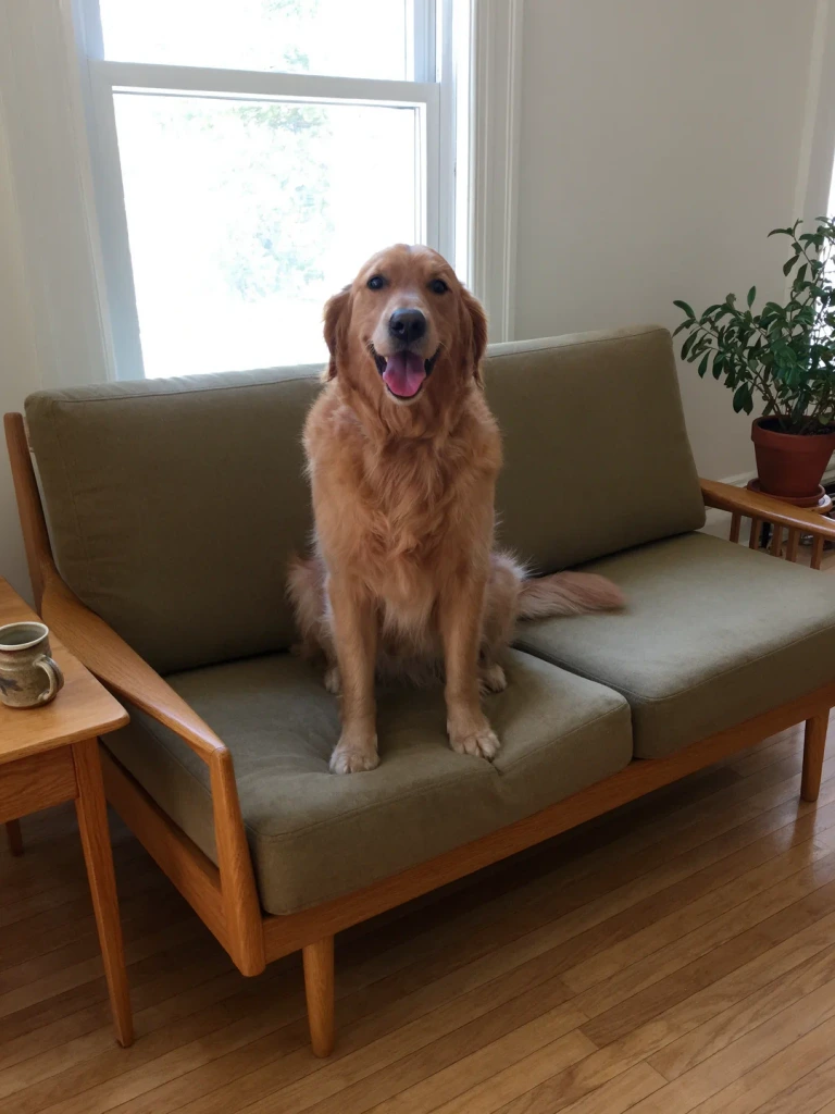 A golden retriever sitting on a sofa