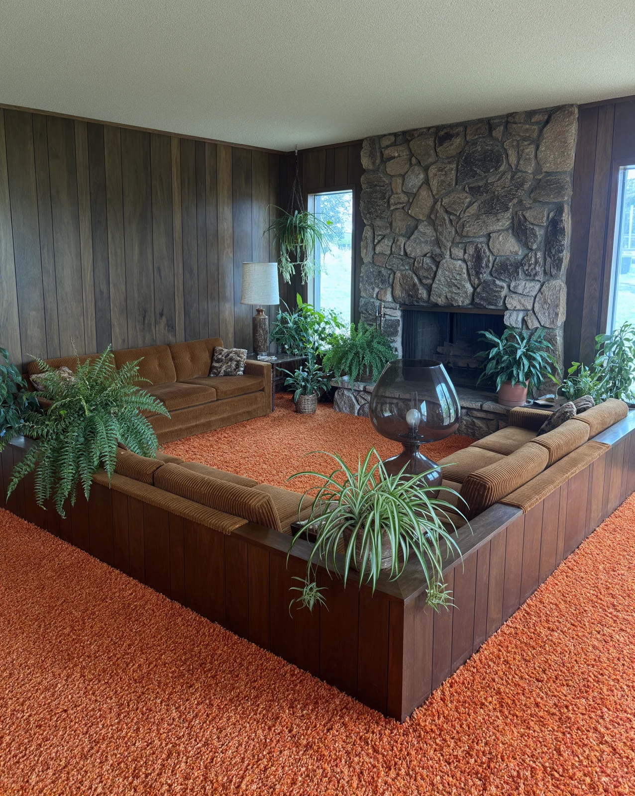 A restored sunken living room with natural light