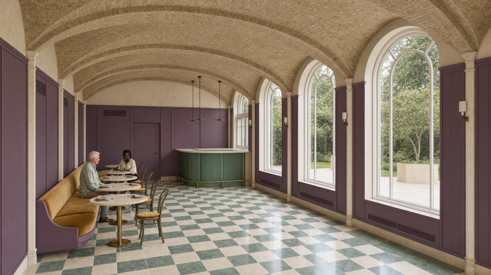 Vaulted restaurant rendered with aubergine panels and a patterned stone floor