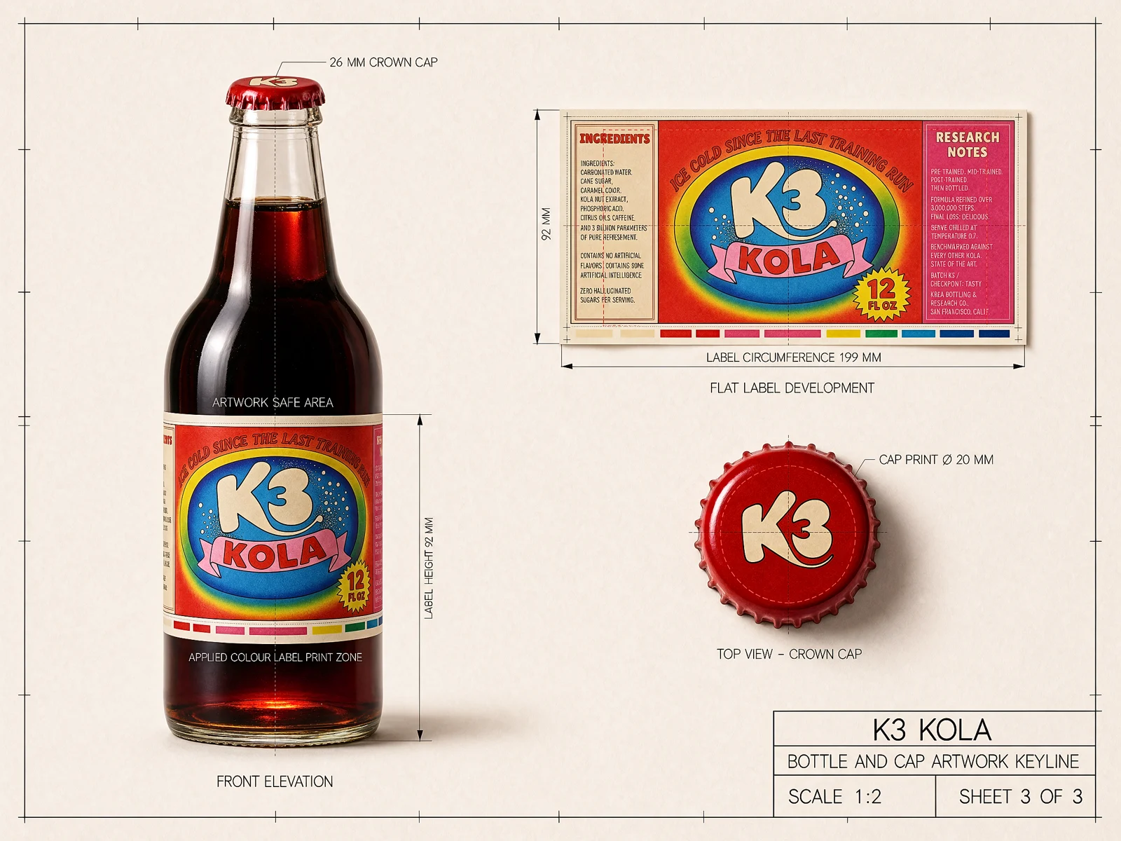 Photoreal bottle render based on a technical drawing and K3 Kola label