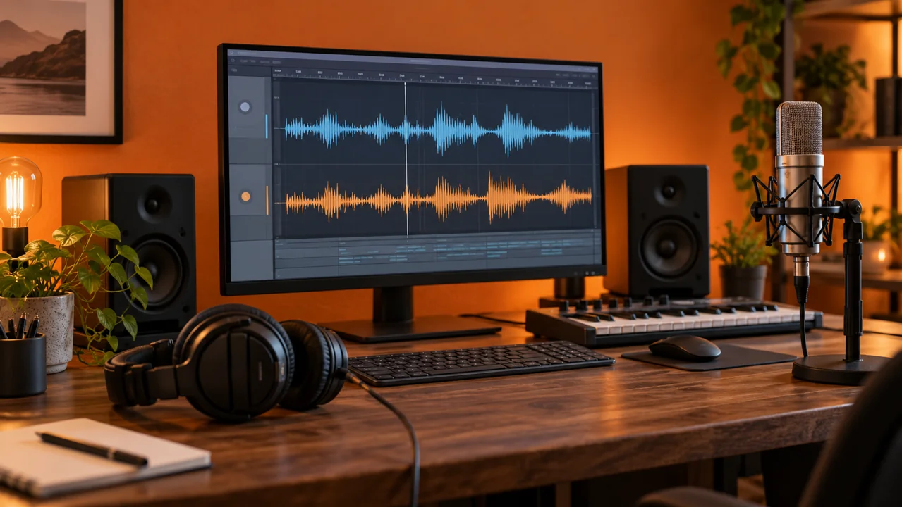 Headphones and microphone beside a screen displaying two audio waveforms.