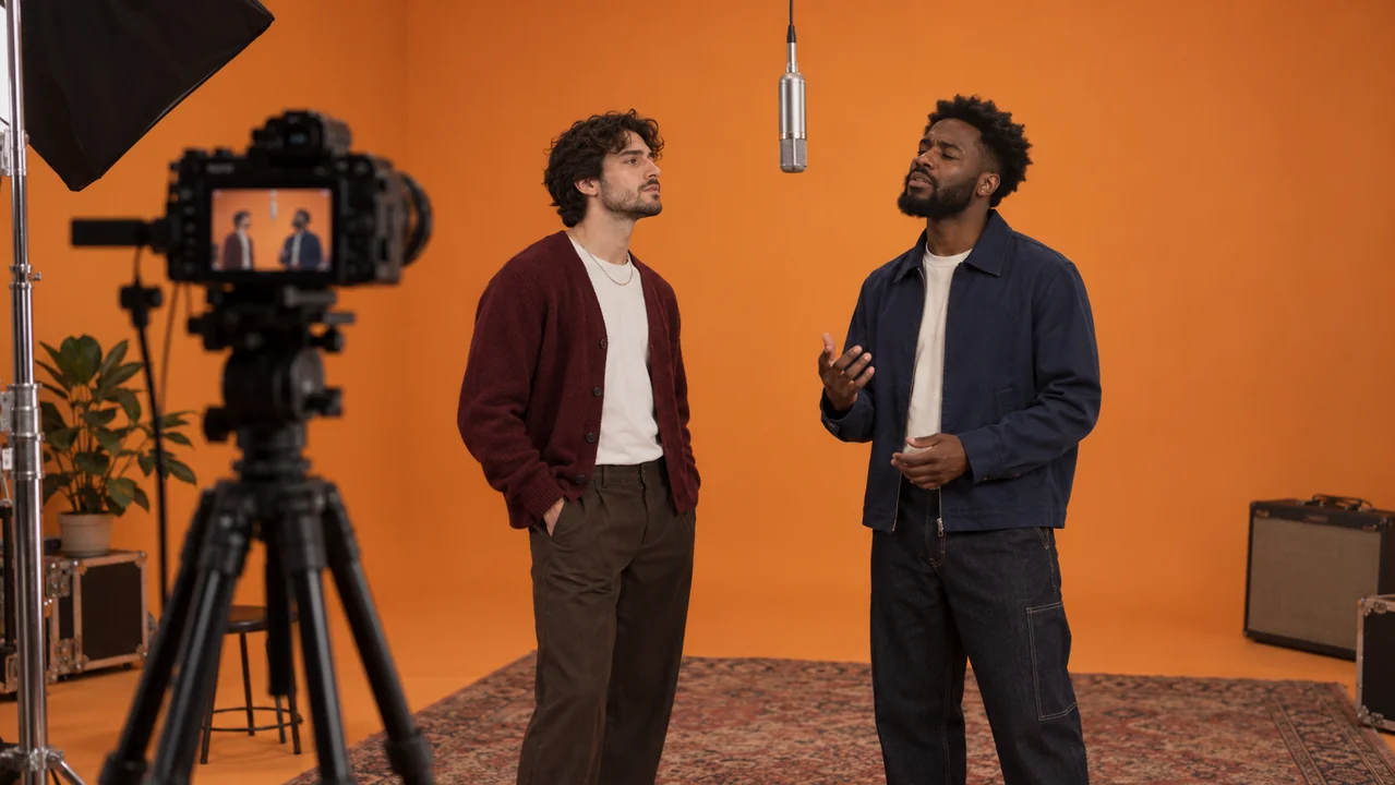 A tripod camera records two fictional performers in an orange soundstage.