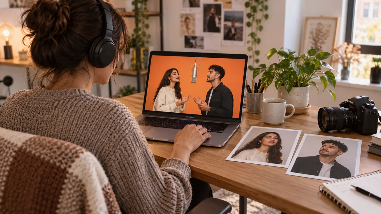 A creator checks a laptop duet preview beside two portrait photographs.