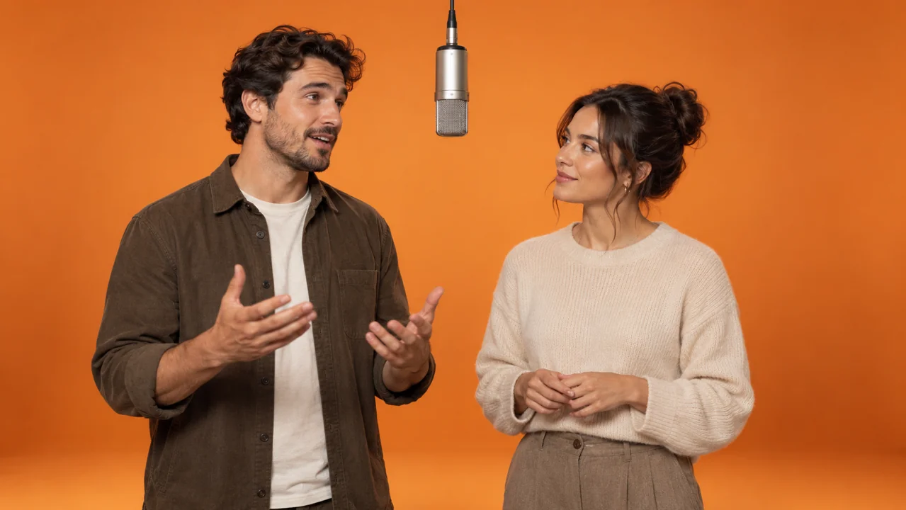 Two fictional adult performers share one hanging microphone in an orange studio.