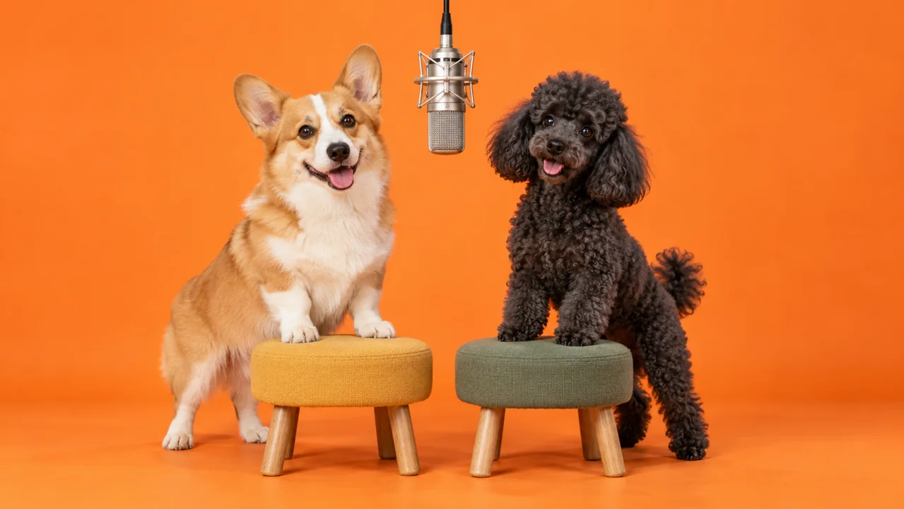 A corgi and a black poodle beside stools under a silver studio microphone.