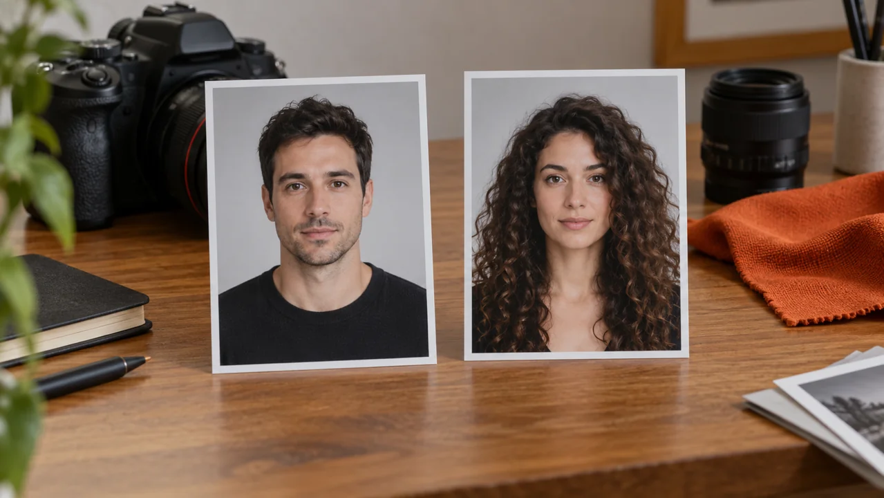 Two separate portrait photographs on a desk beside a camera and orange fabric.