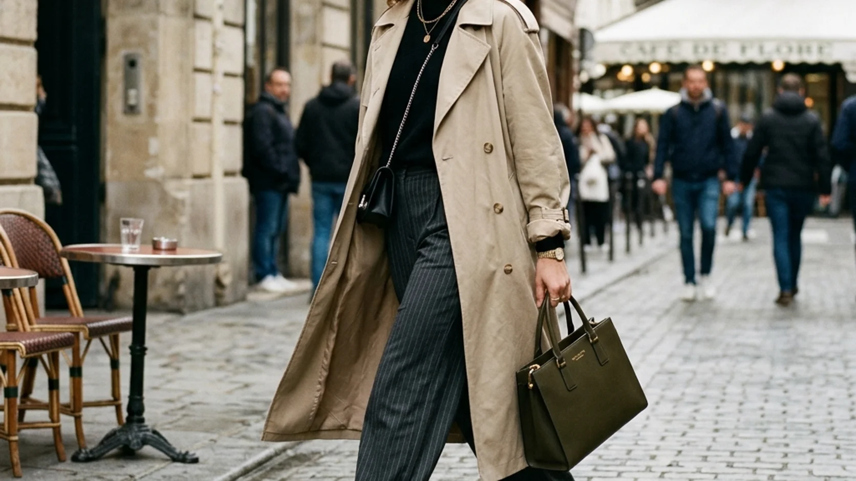 Street-style photograph of a layered neutral outfit with a long coat and handbag.