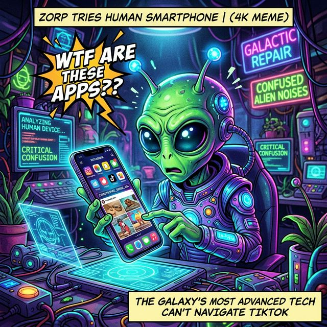 Colorful cartoon alien meme about smartphone applications.