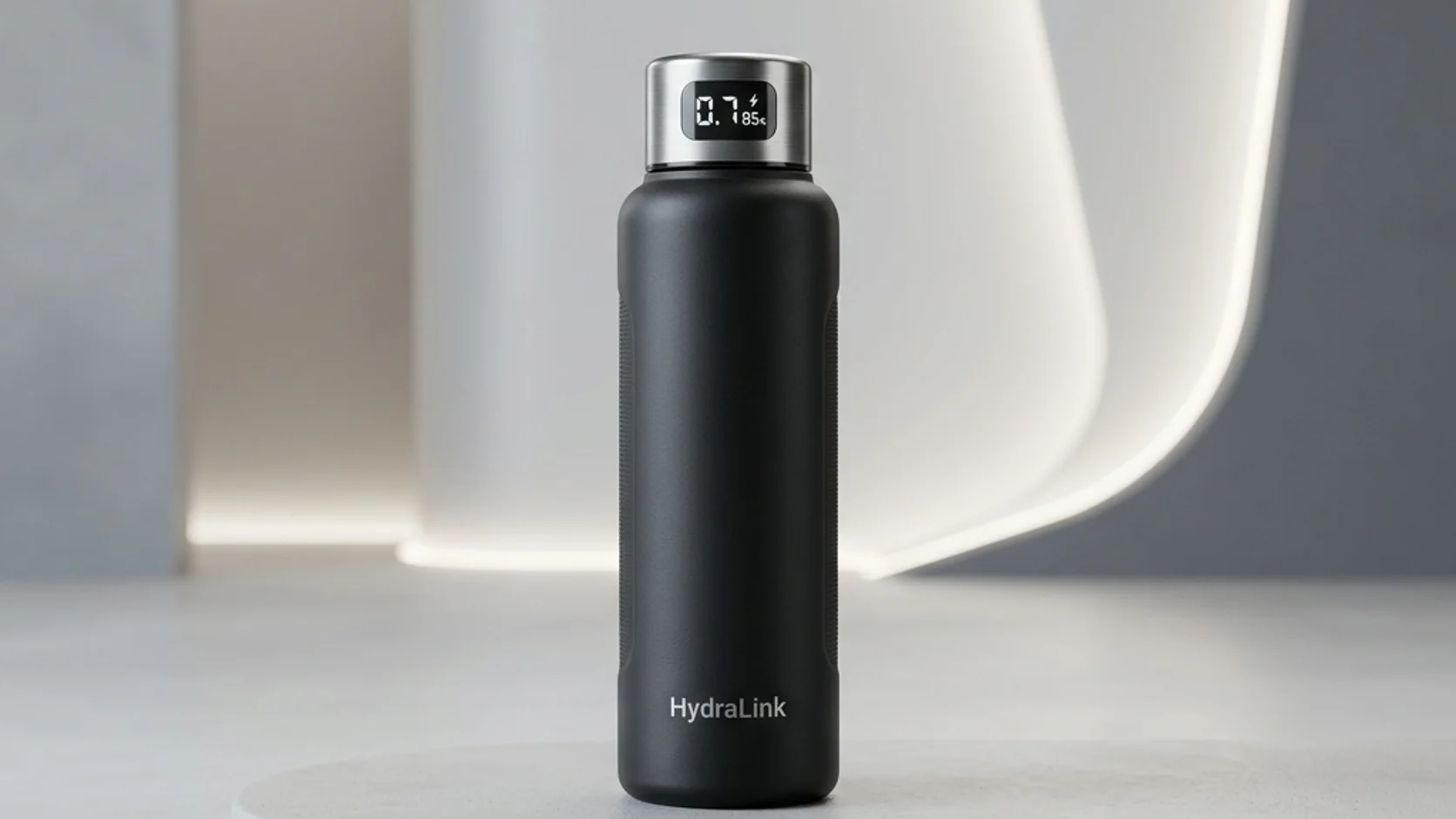 Dark reusable bottle photographed against a minimal studio background.