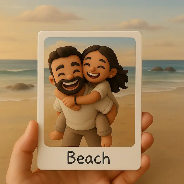 A small sculpted couple figurine displayed in a square souvenir frame.