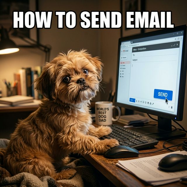 Dog at a computer in a meme titled HOW TO SEND EMAIL.