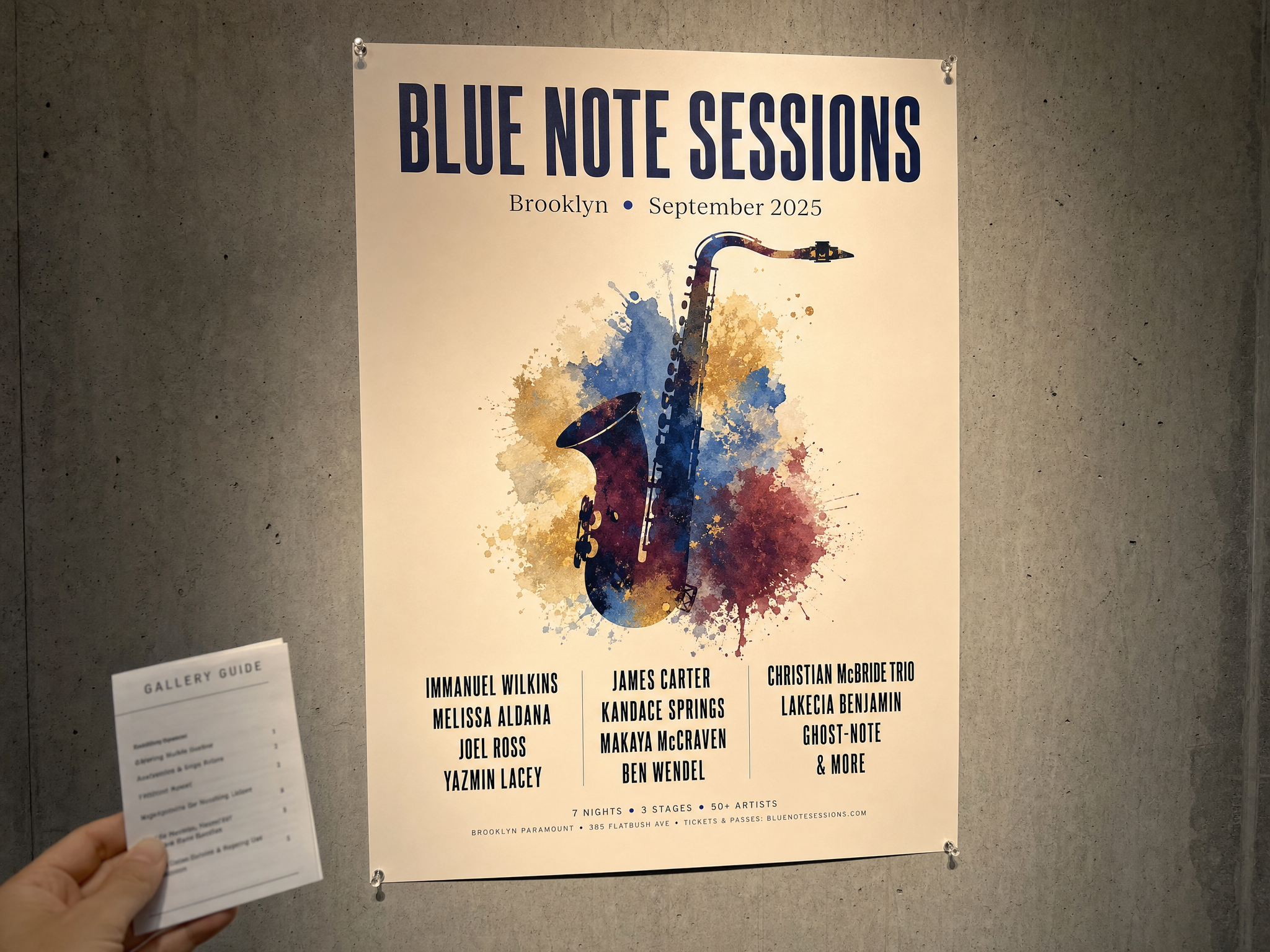 A printed music event poster with an illustrated instrument and typography.