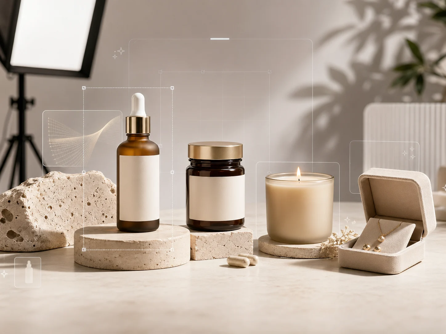 Skincare bottles, a candle and jewelry arranged on a neutral studio set.