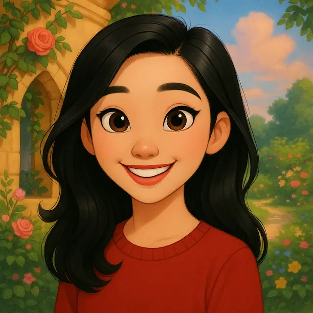 Warmly lit stylized portrait of a smiling dark-haired character.