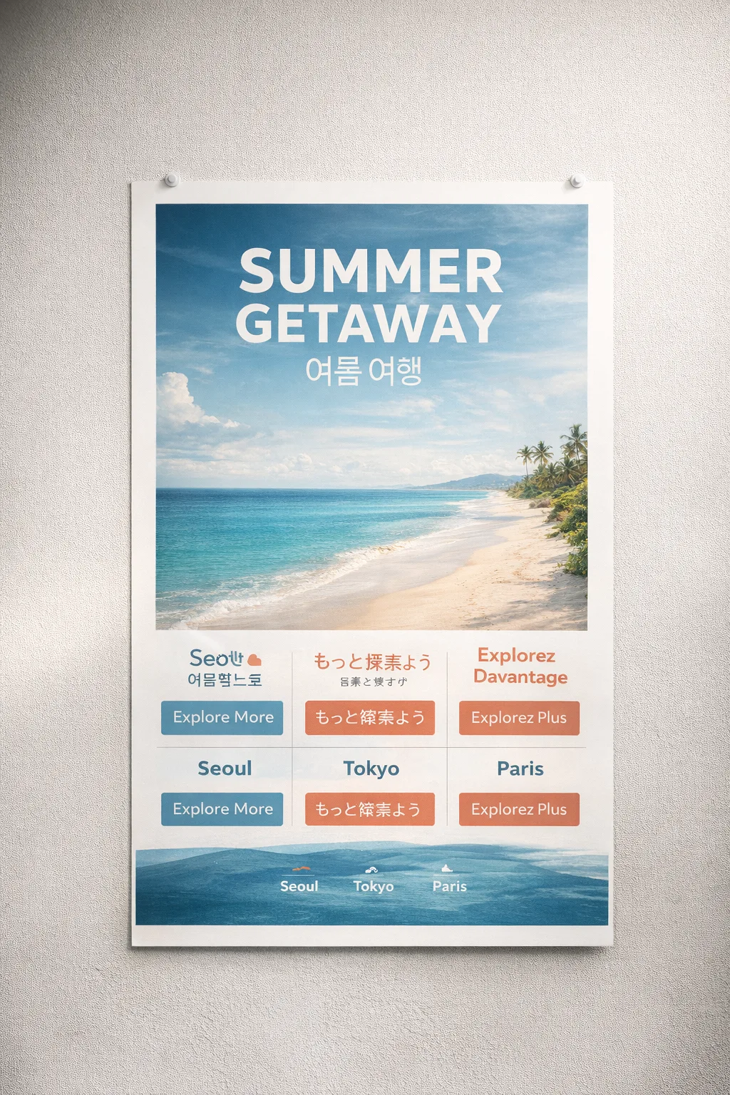A travel poster with landscape photography and organized text blocks.