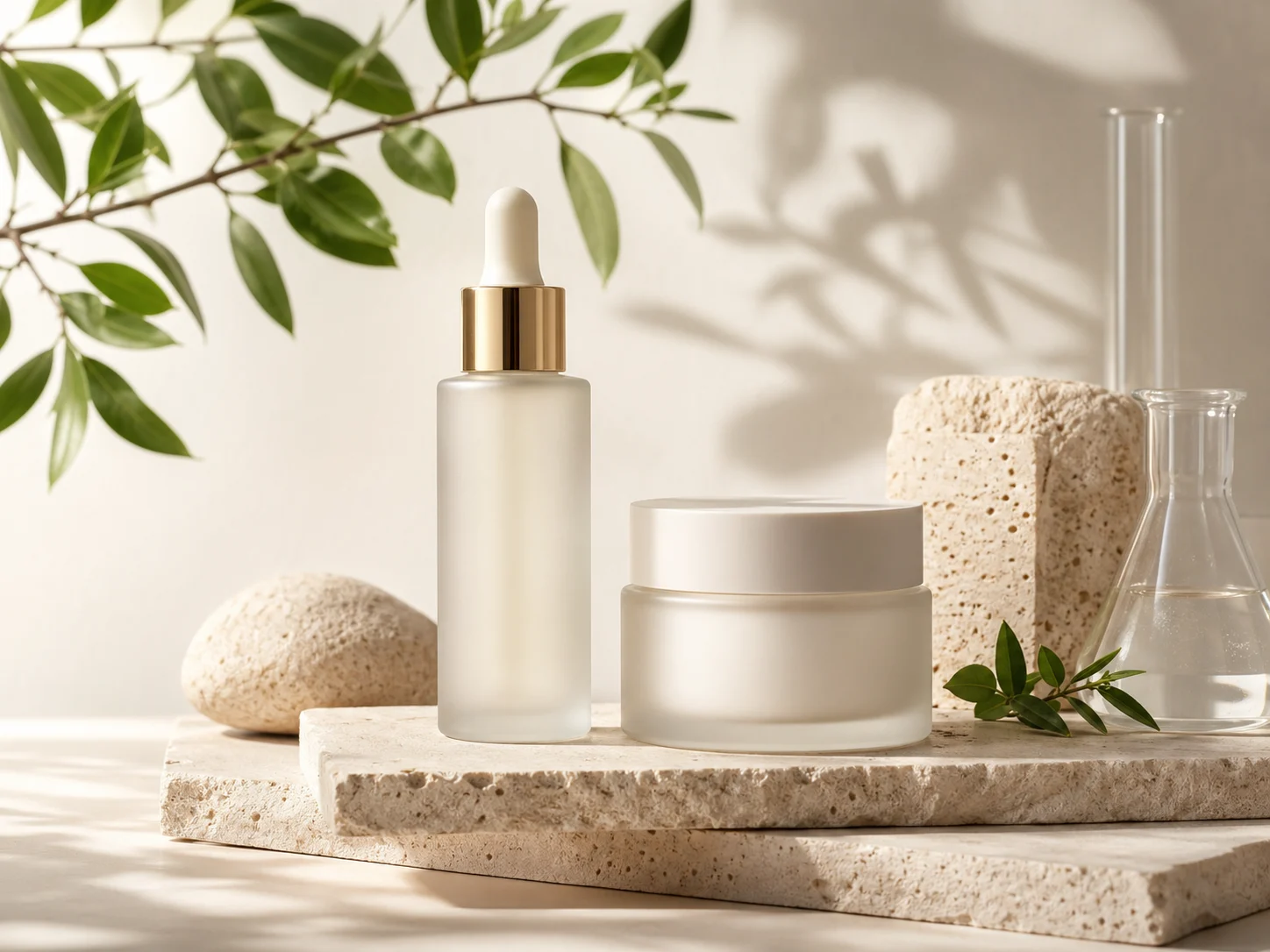 Skincare bottle and cream jar on pale stone with soft leafy shadows.