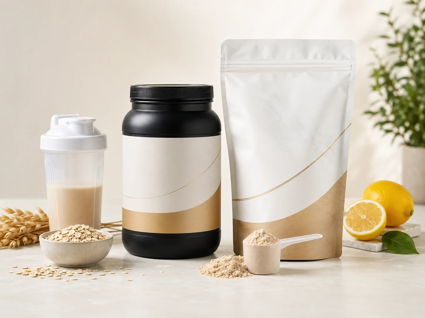 Supplement packaging arranged in a bright neutral product scene.