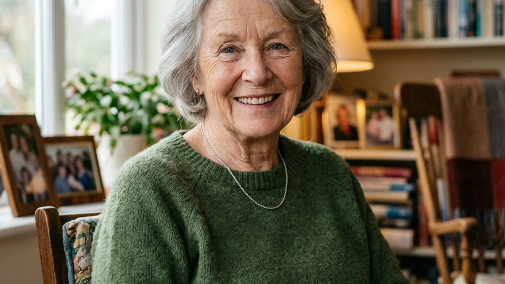 Natural-light portrait of an older woman wearing a green sweater.