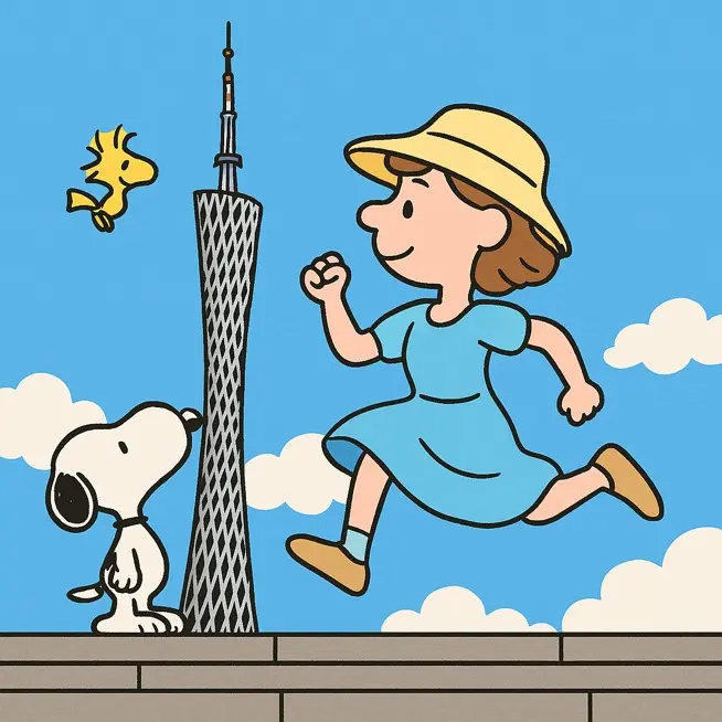 Cartoon sticker illustration with a character, a dog and a tower.