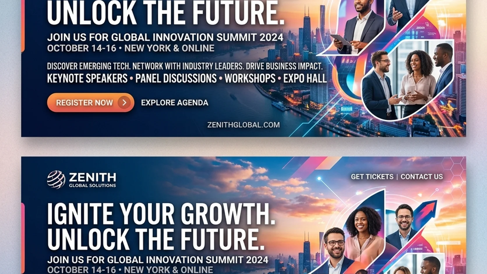 Two wide event banner compositions with typography and business imagery.