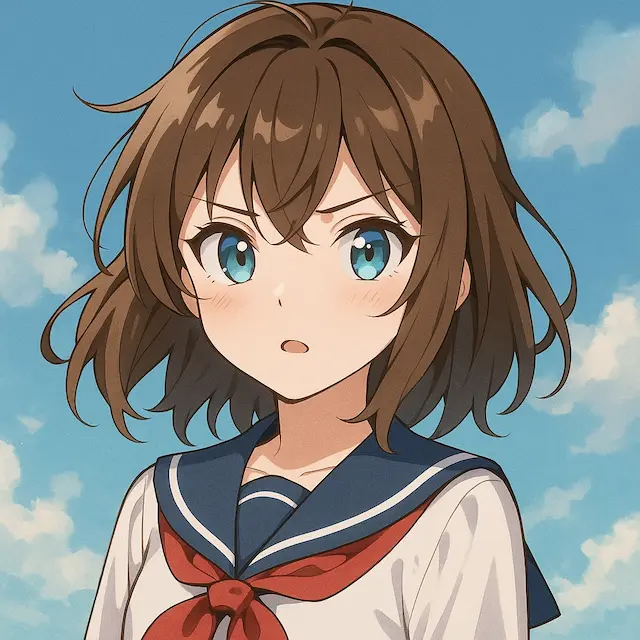 Anime-style portrait of a brown-haired character against a blue sky.