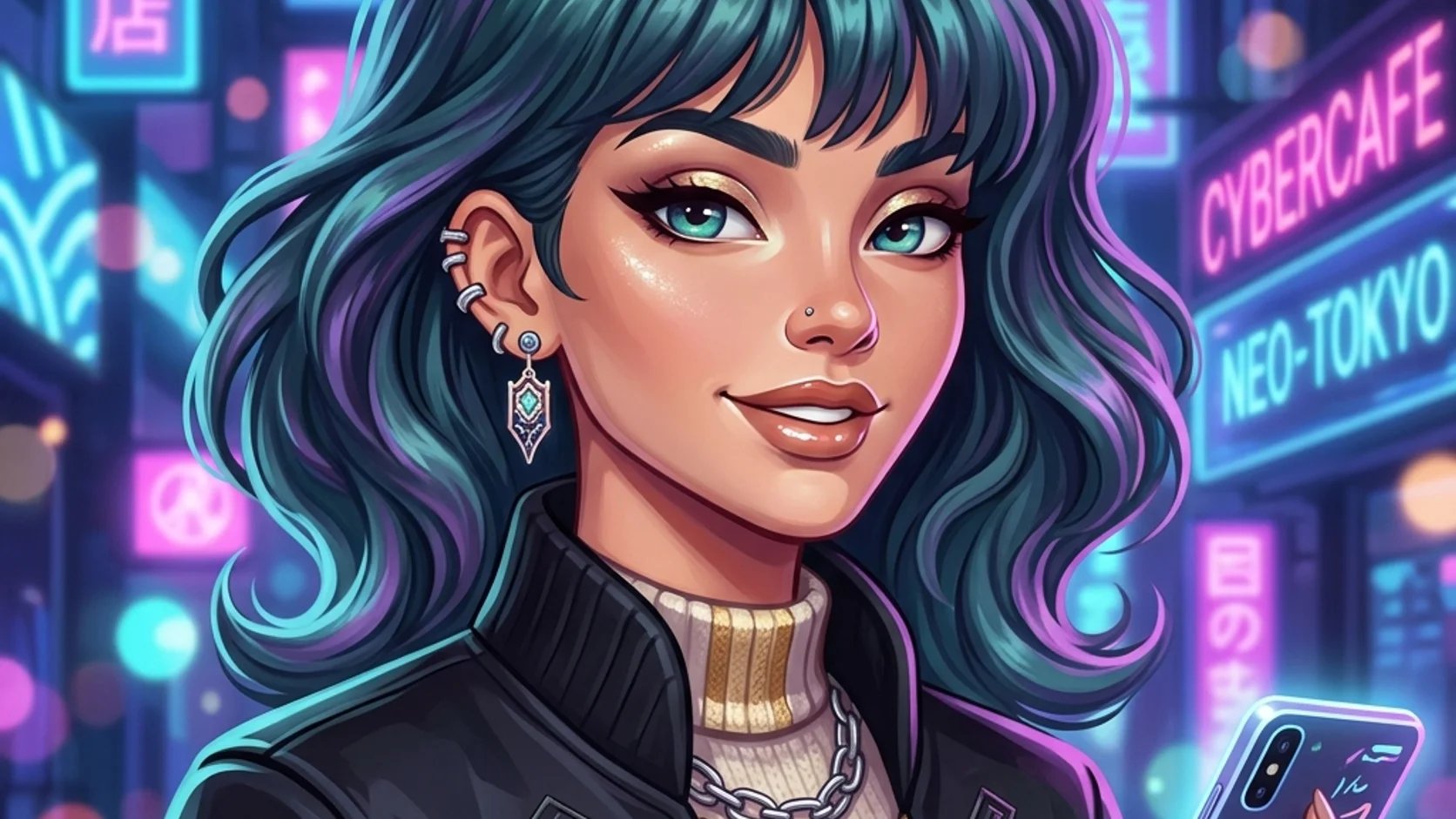 Stylized portrait of a short-haired character against a neon city background.