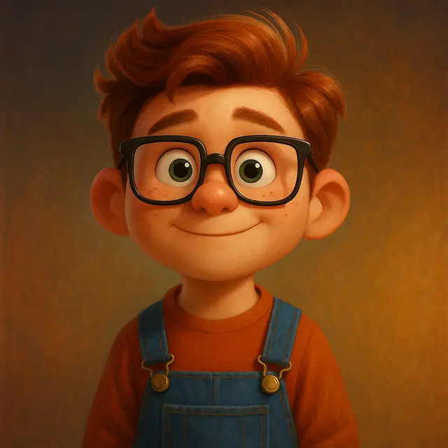 Three-dimensional stylized character portrait with glasses and warm lighting.