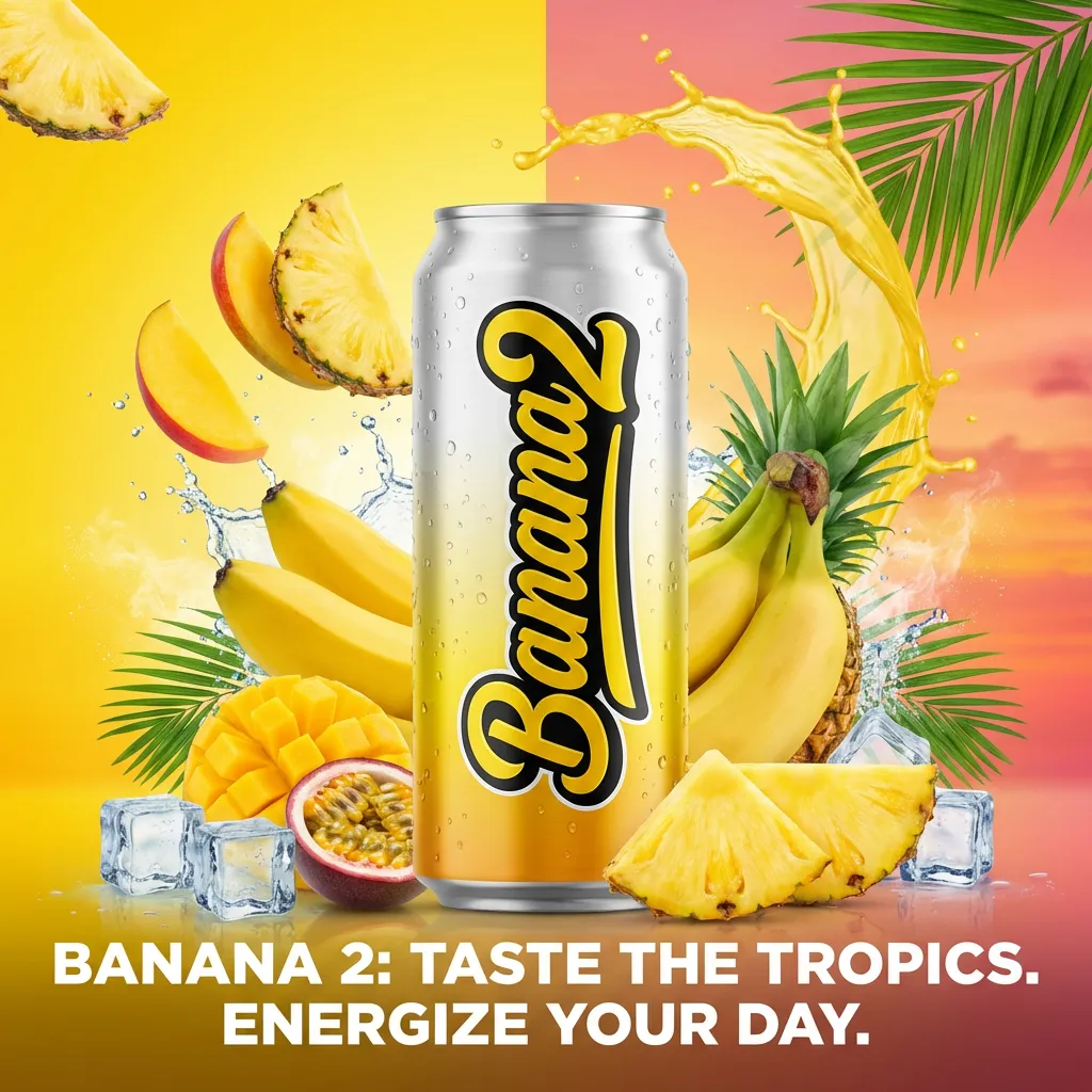 Bright yellow beverage advertisement with tropical fruit and bold typography.