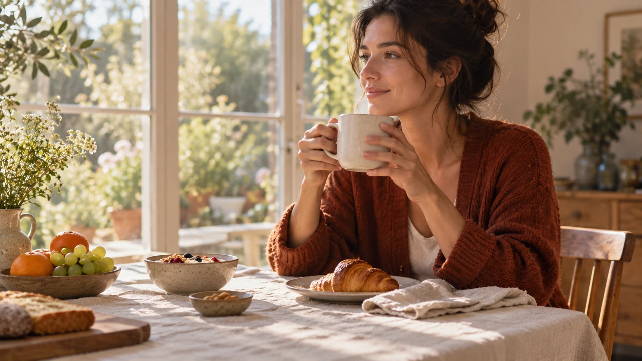 An adult lifts a plain ceramic mug at a softly lit breakfast table, showing its shape and scale.