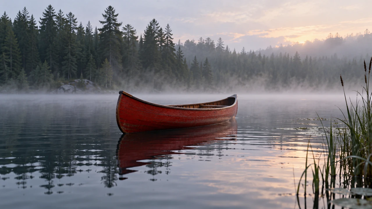 A red canoe floats beyond foreground reeds on a misty lake, with layered evergreen banks behind it.