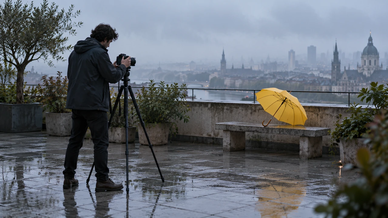 A fictional filmmaker frames a yellow umbrella with a tripod-mounted camera on a quiet rooftop terrace.