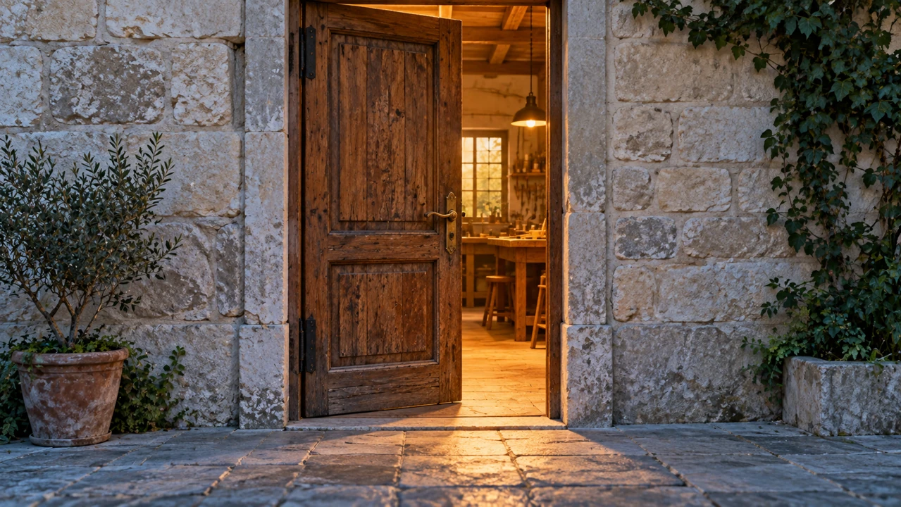 A partly open wooden workshop door reveals warm light across a visible stone threshold.