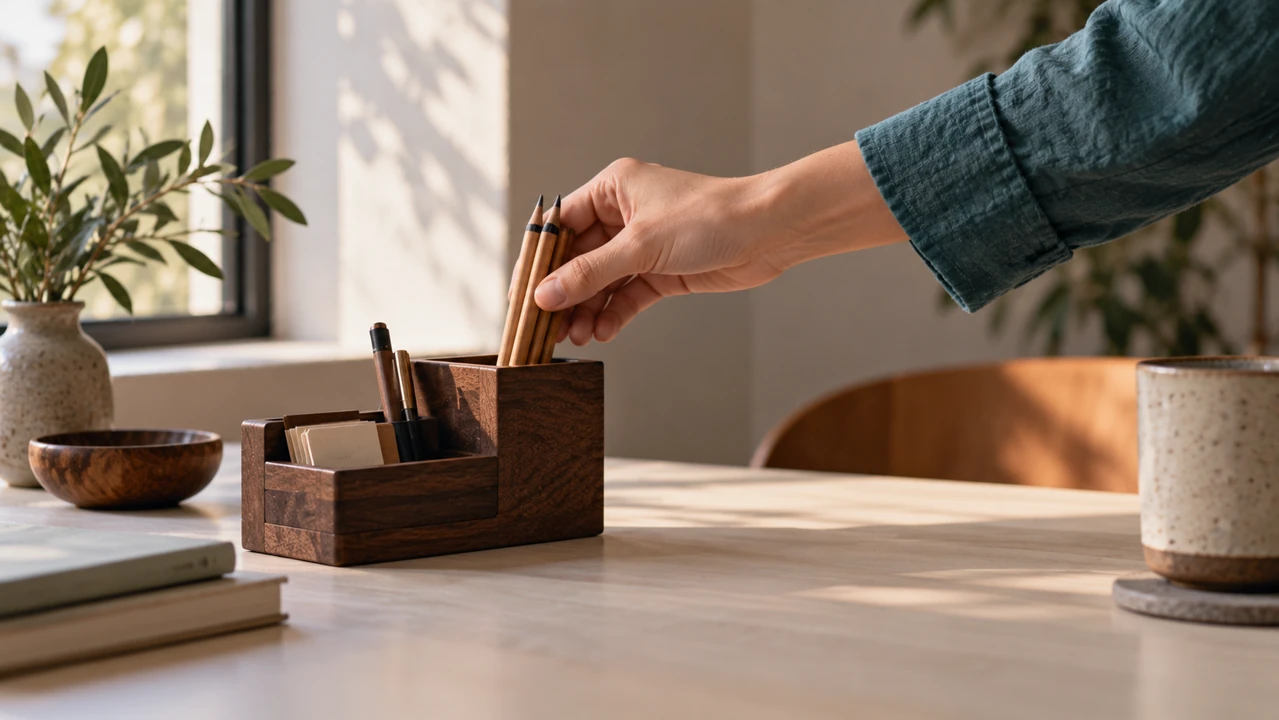 A hand places pencils into a dark wooden organizer on a pale desk, leaving clear working space.