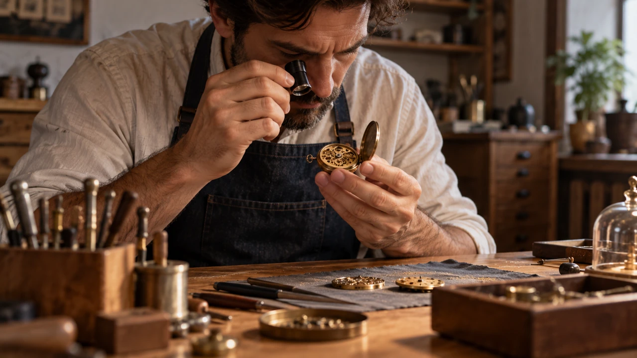 A watchmaker inspects a small brass mechanism through a handheld magnifier at a wooden workbench.