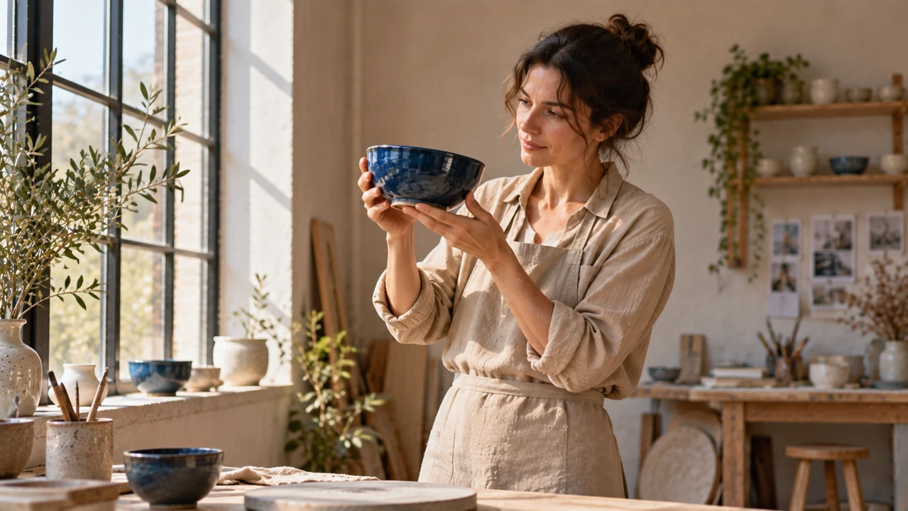 A ceramic designer checks the surface of a cobalt-blue bowl in natural studio window light.