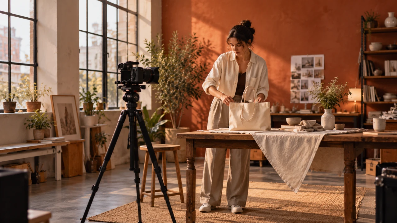 A fictional adult creator arranges a canvas tote beside a camera in a warm, naturally lit studio.
