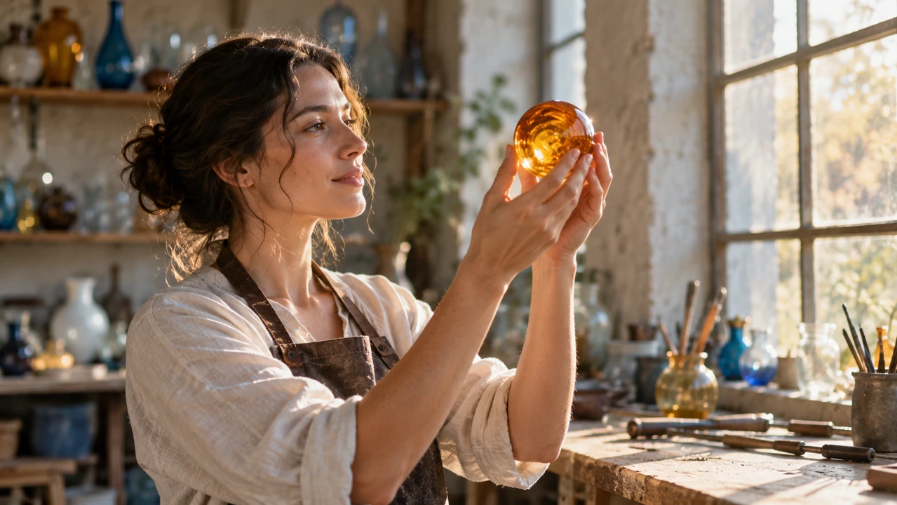 An adult glass artisan lifts an amber glass sphere toward soft workshop window light.
