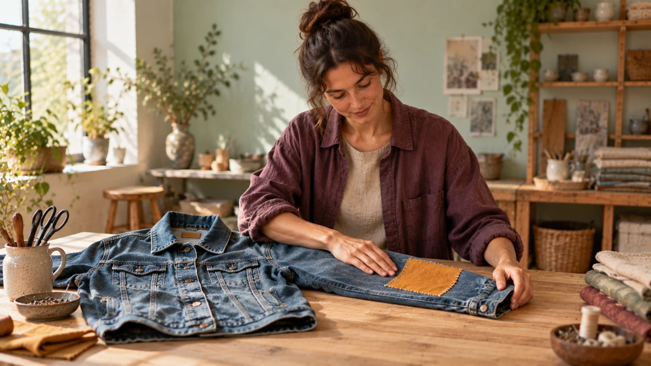 An adult textile maker smooths an ochre patch on a denim sleeve at a softly lit sewing table.