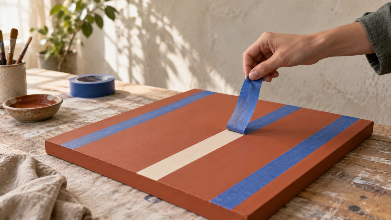A hand lifts blue masking tape from a terracotta-painted wooden panel, revealing a clean cream stripe.