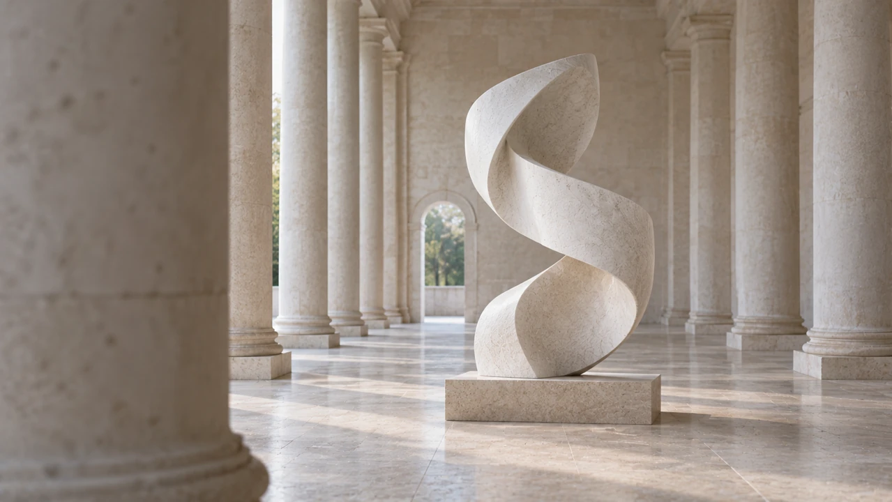 A white abstract stone sculpture stands beyond a foreground column in an empty softly lit colonnade.
