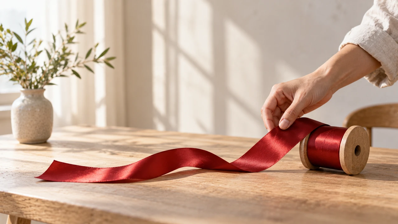 A hand unrolls red silk ribbon from a wooden spool, leaving a relaxed curve across a pale table.