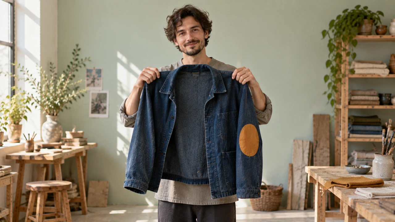 An adult maker holds a repaired indigo jacket centrally, with clear space around the face, hands and garment.