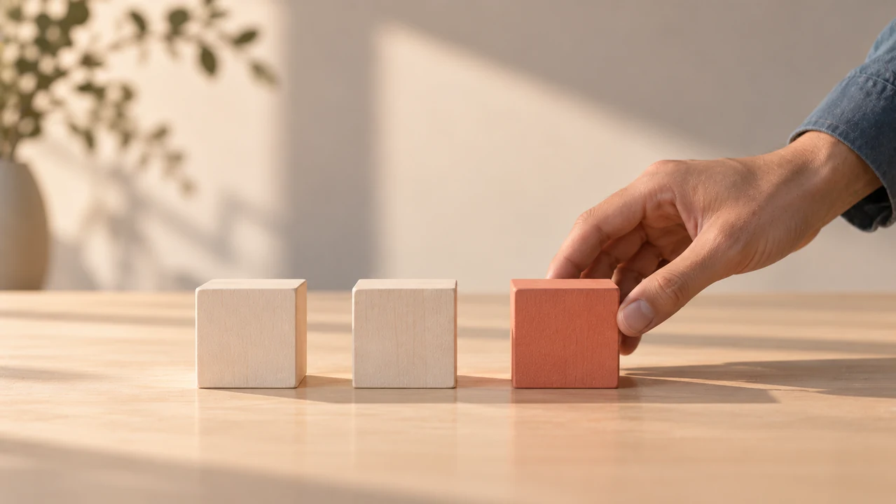 One adult hand slides a coral wooden block toward two cream blocks on a pale table.