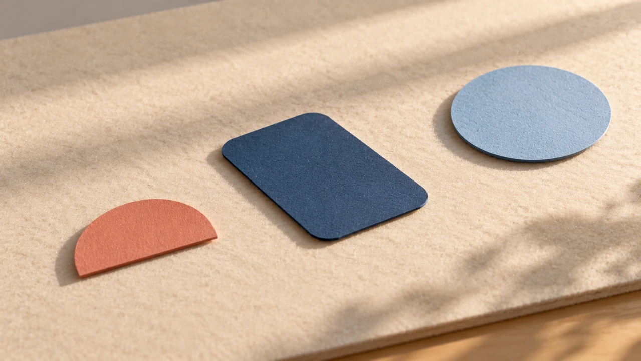 Three separated blue and coral paper forms cast soft shadows on a warm cream felt surface.