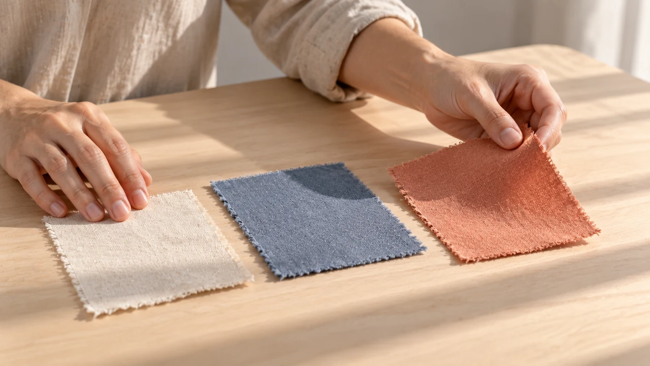 Adult hands lift a coral linen swatch beside ivory and slate-blue swatches on a wooden table.