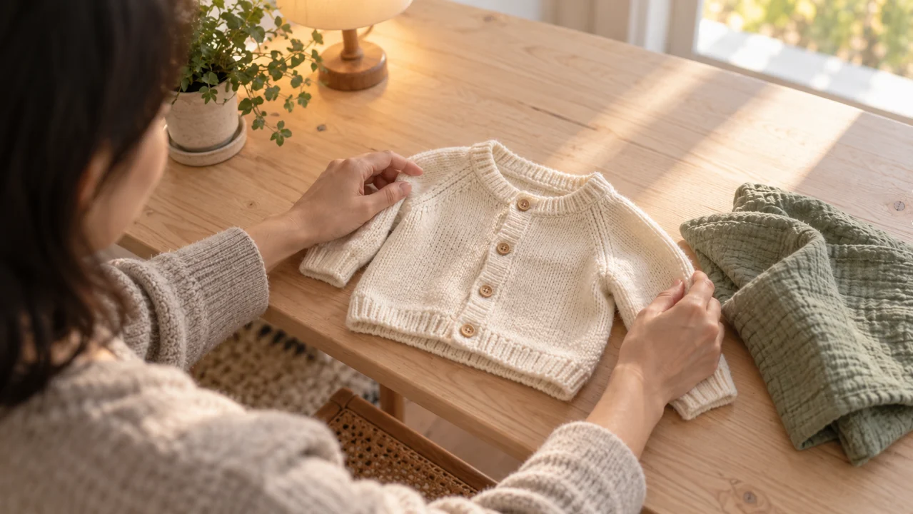 Adult hands arrange a small ivory baby cardigan and a sage fabric swatch on a bright worktable.