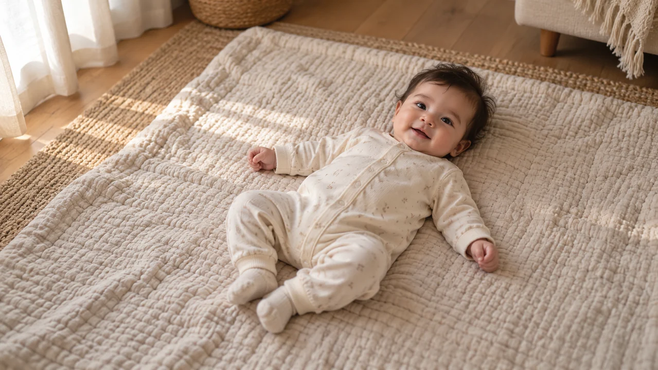 A fictional baby in a cream romper rests awake on an oatmeal quilt in soft window light.